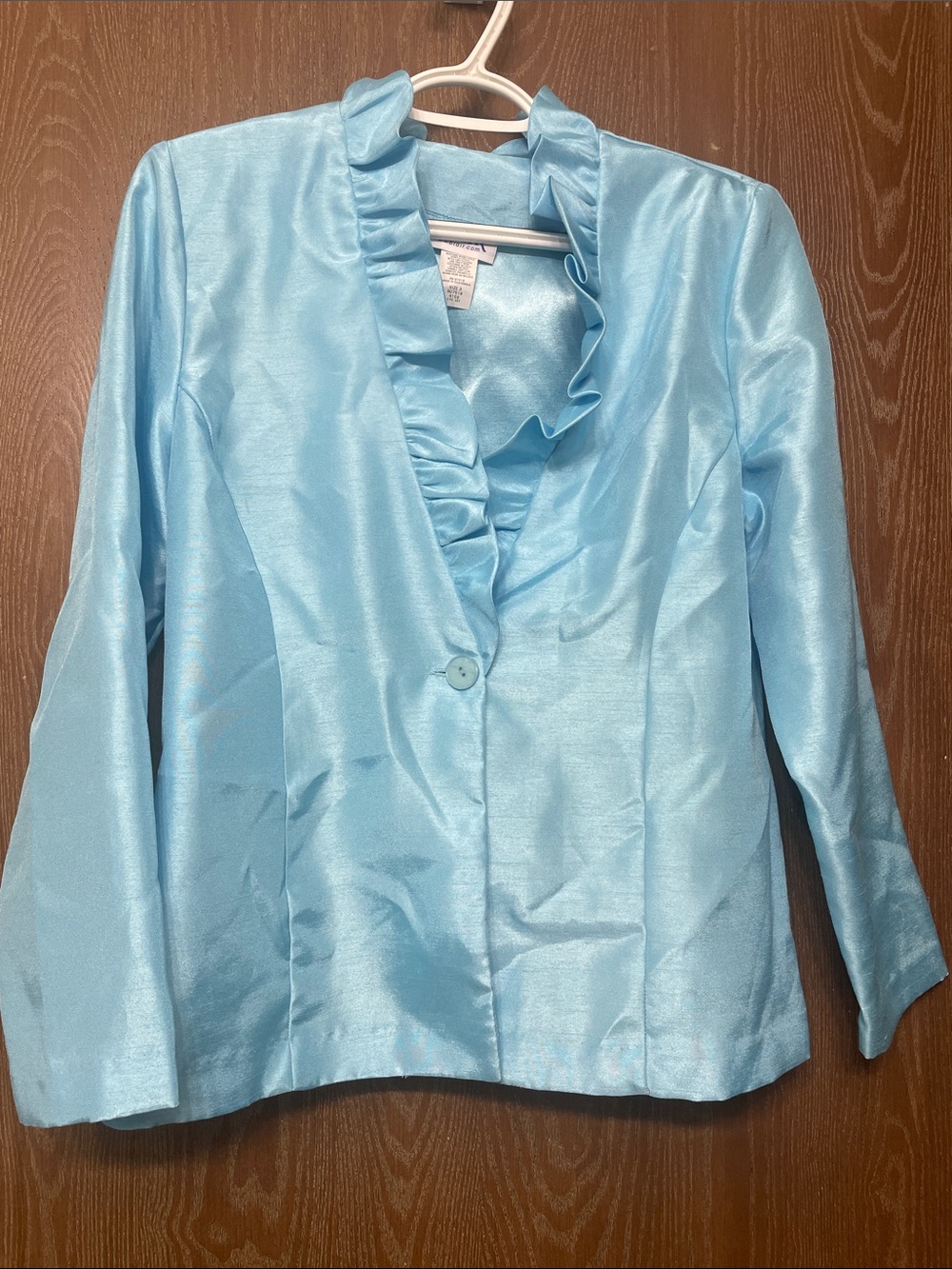 Blair Light Blue Satin Ruffle-Trim Jacket